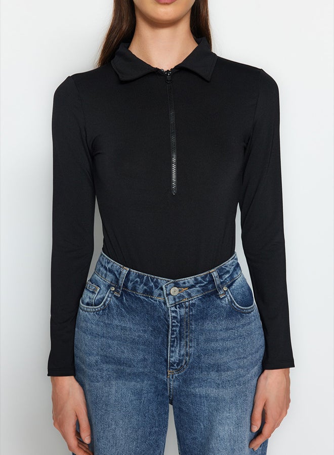 trendyol Black Zipper Collar Detailed Snap Snap Elastic Knitted Bodysuit TWOAW24BD00005 - Image 4