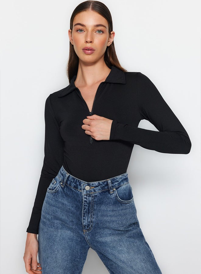 trendyol Black Zipper Collar Detailed Snap Snap Elastic Knitted Bodysuit TWOAW24BD00005 - Image 1