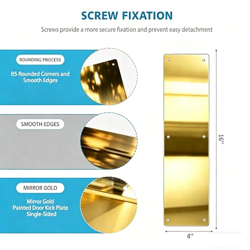 CANGETS Door Push Plate, Metal Kickplate for Bottom of Door,4x16 inch Aluminum Metal Plate Rounded Corners for Interior and Exterior Doors (Gold Mirror 2 Pack) - Image 2
