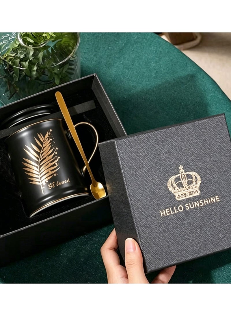 Nailuck 380ml Matte Black Ceramic Coffee Mug Gift Set with Lid & Gold Spoon, Gold Foil Palm Leaf Design, Premium Gift Box, Perfect for Wedding Favor, Corporate Gift, Home Office Daily UseCorporate Gift, Home Office Daily Use - Image 4