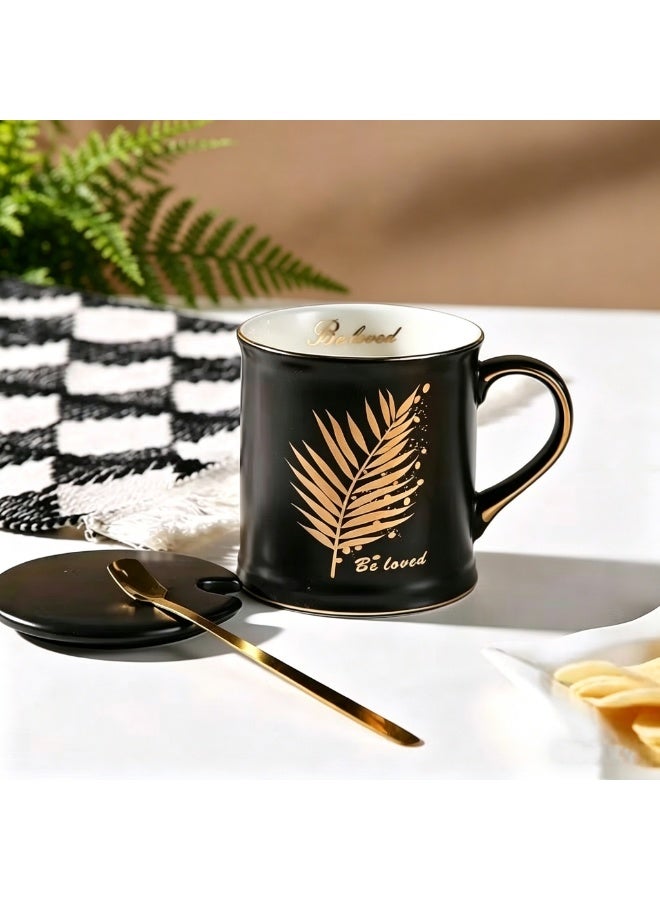 Nailuck 380ml Matte Black Ceramic Coffee Mug Gift Set with Lid & Gold Spoon, Gold Foil Palm Leaf Design, Premium Gift Box, Perfect for Wedding Favor, Corporate Gift, Home Office Daily UseCorporate Gift, Home Office Daily Use - Image 2