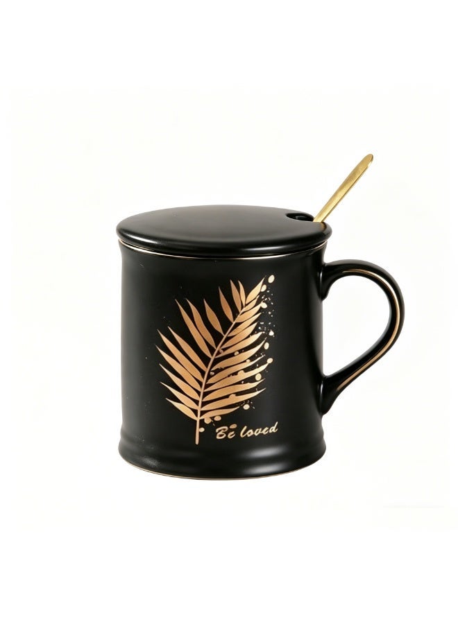 Nailuck 380ml Matte Black Ceramic Coffee Mug Gift Set with Lid & Gold Spoon, Gold Foil Palm Leaf Design, Premium Gift Box, Perfect for Wedding Favor, Corporate Gift, Home Office Daily UseCorporate Gift, Home Office Daily Use - Image 1