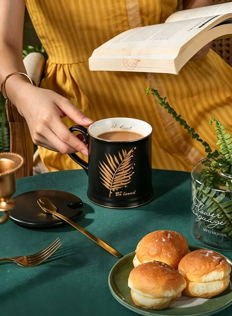 Nailuck 380ml Matte Black Ceramic Coffee Mug Gift Set with Lid & Gold Spoon, Gold Foil Palm Leaf Design, Premium Gift Box, Perfect for Wedding Favor, Corporate Gift, Home Office Daily UseCorporate Gift, Home Office Daily Use - Image 3
