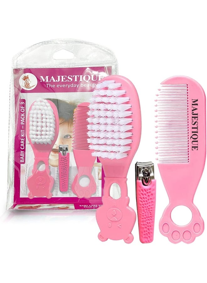MAJESTIQUE Baby Hair Brush, Comb and Nail Cutter Set For Newborns And Toddlers - Natural Soft Bristles, Gently Grooms Baby's Hair, Ideal for Baby Grooming Set, Perfect Baby Gift - 3Piece Pink  - Image 1