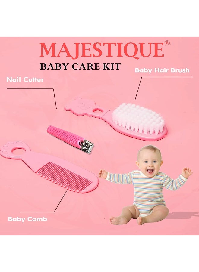 MAJESTIQUE Baby Hair Brush, Comb and Nail Cutter Set For Newborns And Toddlers - Natural Soft Bristles, Gently Grooms Baby's Hair, Ideal for Baby Grooming Set, Perfect Baby Gift - 3Piece Pink  - Image 2