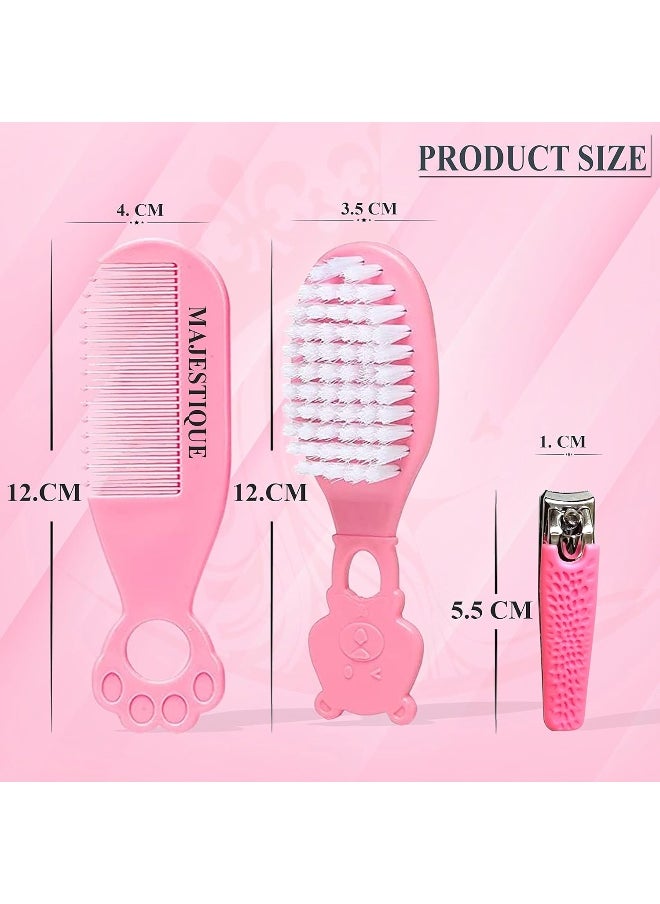 MAJESTIQUE - Baby Hair Brush, Comb and Nail Cutter Set For Newborns And Toddlers - Natural Soft Bristles, Gently Grooms Baby's Hair, Ideal for Baby Grooming Set, Perfect Baby Gift - 3Piece Pink - Image 1
