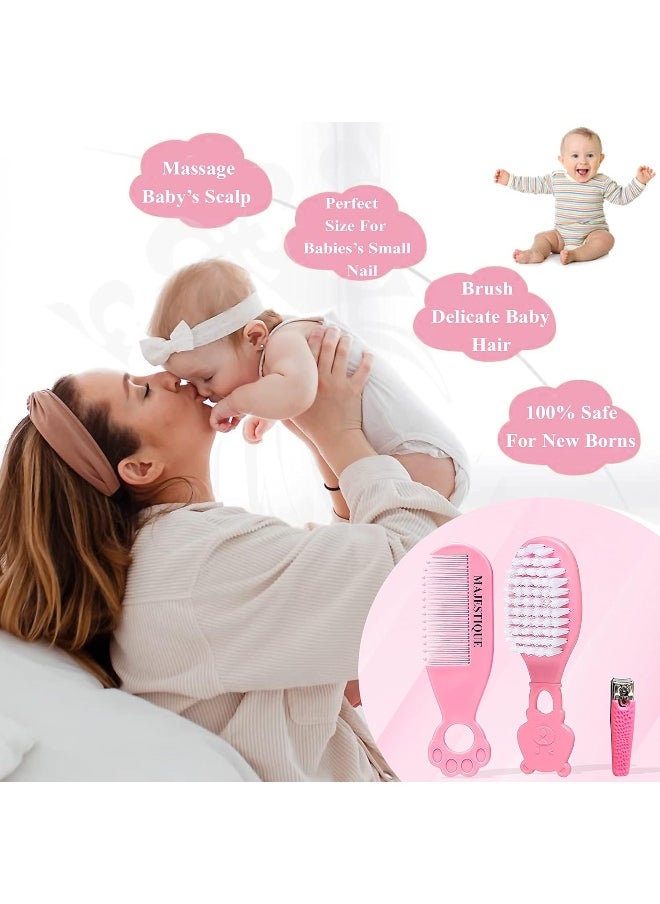MAJESTIQUE - Baby Hair Brush, Comb and Nail Cutter Set For Newborns And Toddlers - Natural Soft Bristles, Gently Grooms Baby's Hair, Ideal for Baby Grooming Set, Perfect Baby Gift - 3Piece Pink - Image 1