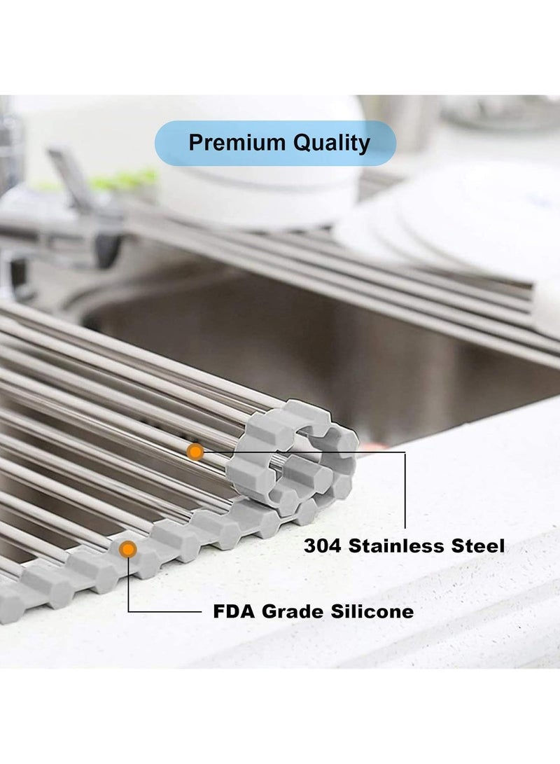 رف تجفيف الأطباق القابل للطي فوق الحوض رف تجفيف فوق الحوض غطاء حوض المطبخ إكسسوارات حوض المطبخ أداة تنظيم متعددة الأغراض منظم متعدد الأغراض قابل للطي من الفولاذ المقاوم للصدأ رمادي (21 بوصة × 15.5 بوصة) - Image 4