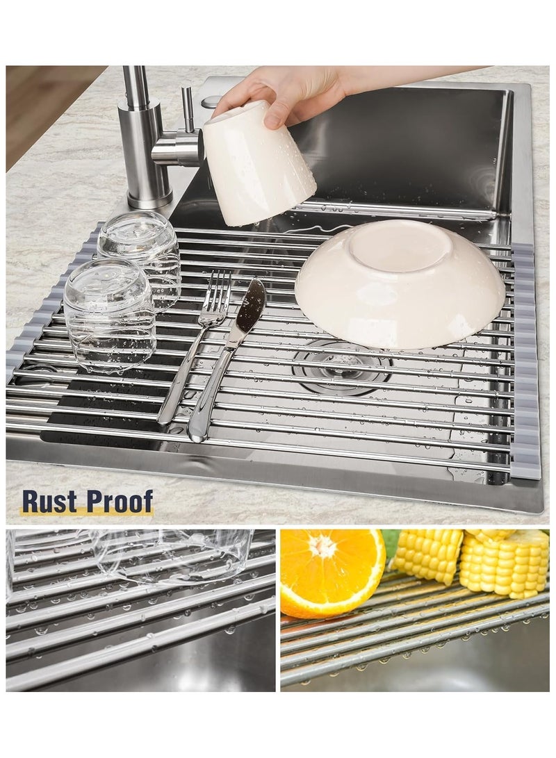 رف تجفيف الأطباق القابل للطي فوق الحوض رف تجفيف فوق الحوض غطاء حوض المطبخ إكسسوارات حوض المطبخ أداة تنظيم متعددة الأغراض منظم متعدد الأغراض قابل للطي من الفولاذ المقاوم للصدأ رمادي (21 بوصة × 15.5 بوصة) - Image 3