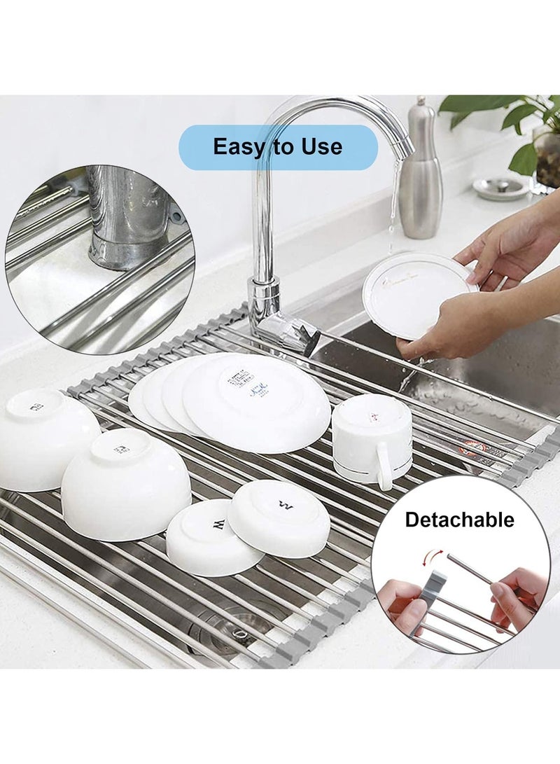 رف تجفيف الأطباق القابل للطي فوق الحوض رف تجفيف فوق الحوض غطاء حوض المطبخ إكسسوارات حوض المطبخ أداة تنظيم متعددة الأغراض منظم متعدد الأغراض قابل للطي من الفولاذ المقاوم للصدأ رمادي (21 بوصة × 15.5 بوصة) - Image 5