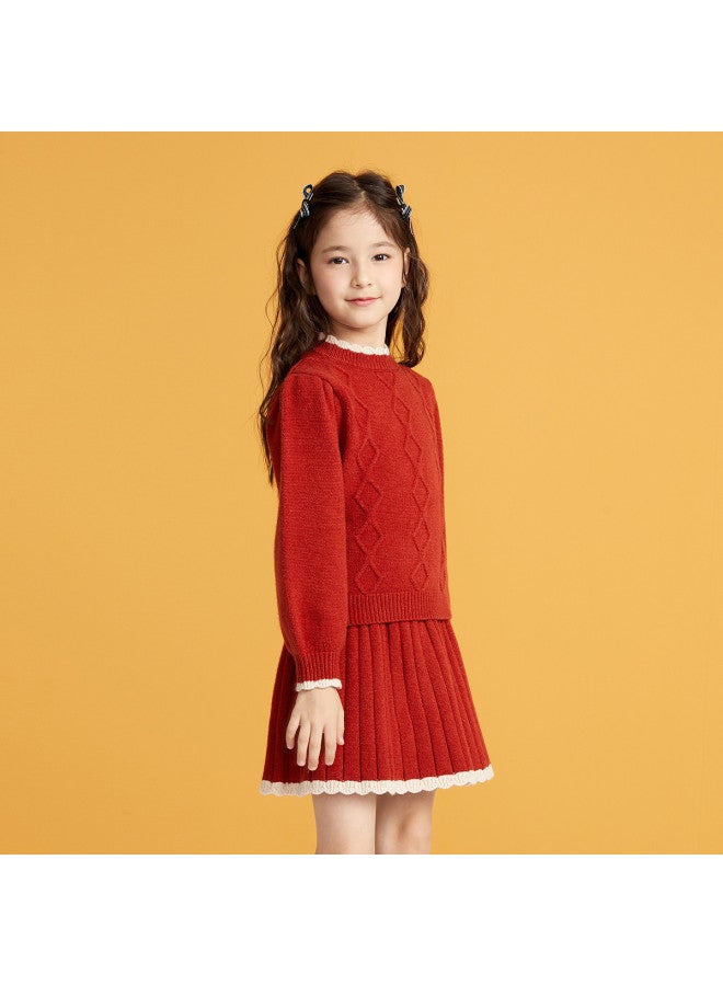DEESHA Lace High-neck Set】25 Autumn/winter Girls' Cable Knit Dress Two-piece Outfit For Children - Image 4