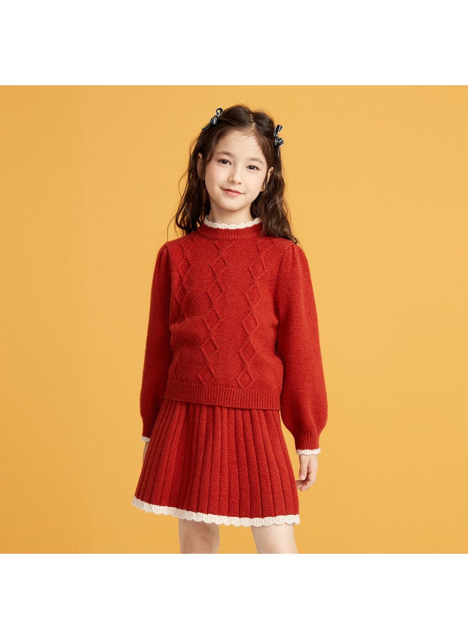 DEESHA Lace High-neck Set】25 Autumn/winter Girls' Cable Knit Dress Two-piece Outfit For Children - Image 2