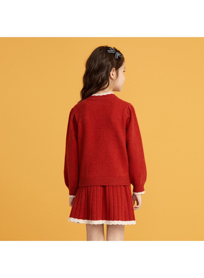 DEESHA Lace High-neck Set】25 Autumn/winter Girls' Cable Knit Dress Two-piece Outfit For Children - Image 3