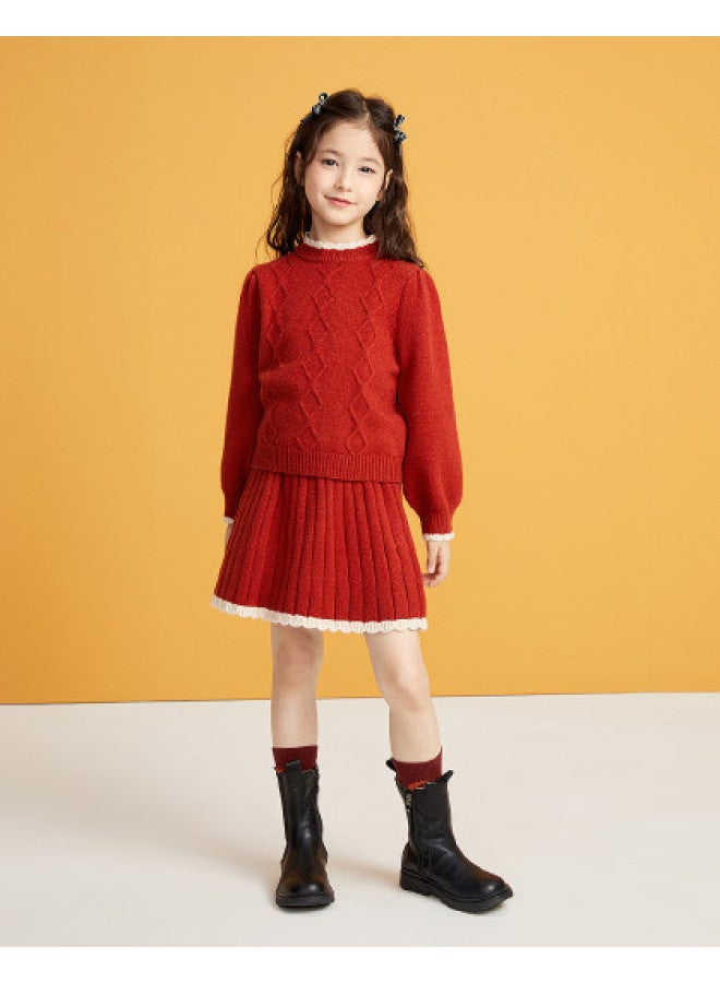 DEESHA Lace High-neck Set】25 Autumn/winter Girls' Cable Knit Dress Two-piece Outfit For Children - Image 1