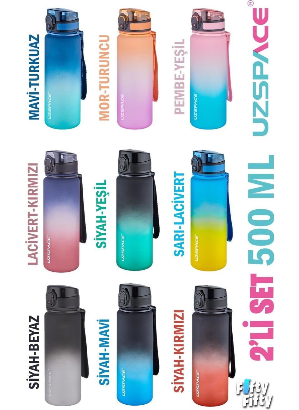 UZSPACE Set of 2 Tritan Water Bottles 500 ml Double Color Softtouch Ff Collection Tritan Water Bottle  - Image 2