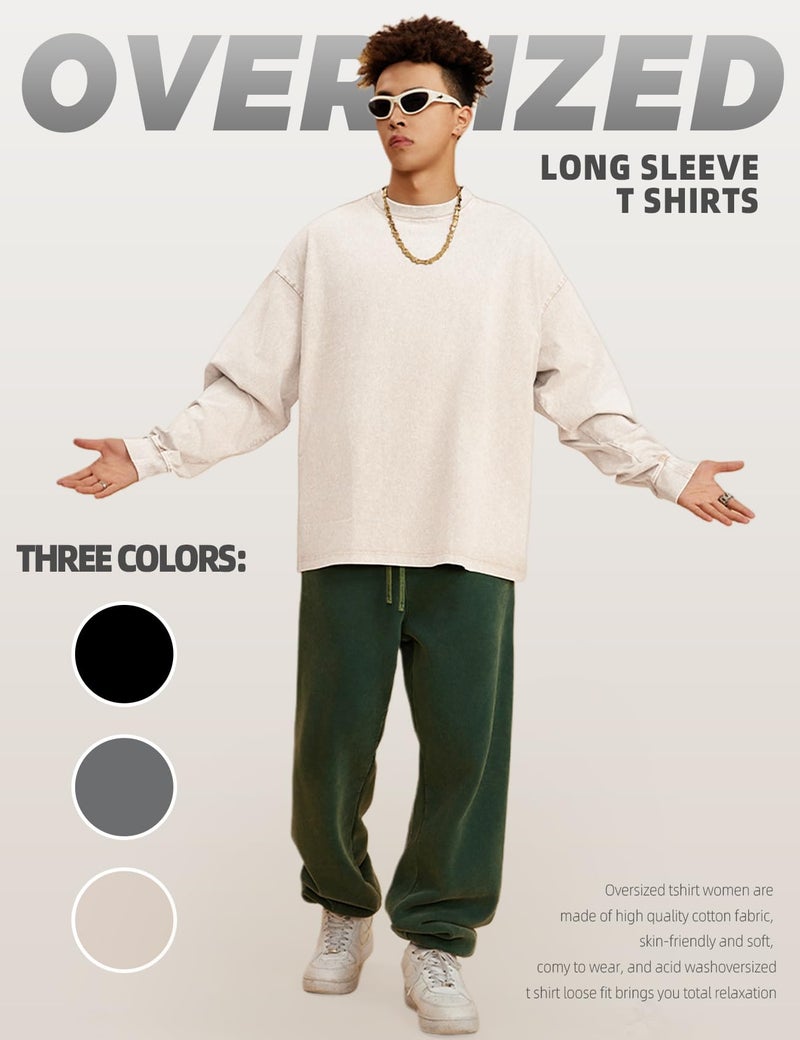 Arssm 3 Pack Mens Oversized T-Shirts Cotton Long Sleeve Tshirts Vintage Acid Wash Baggy Tees(BlackGreyBeige-XL) - Image 5
