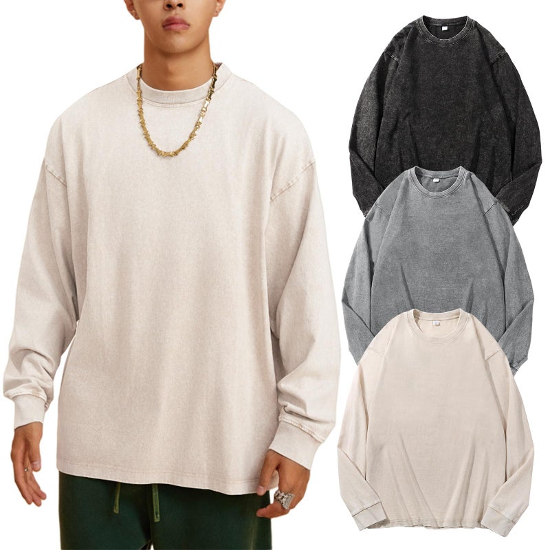 Arssm 3 Pack Mens Oversized T-Shirts Cotton Long Sleeve Tshirts Vintage Acid Wash Baggy Tees(BlackGreyBeige-XL) - Image 1
