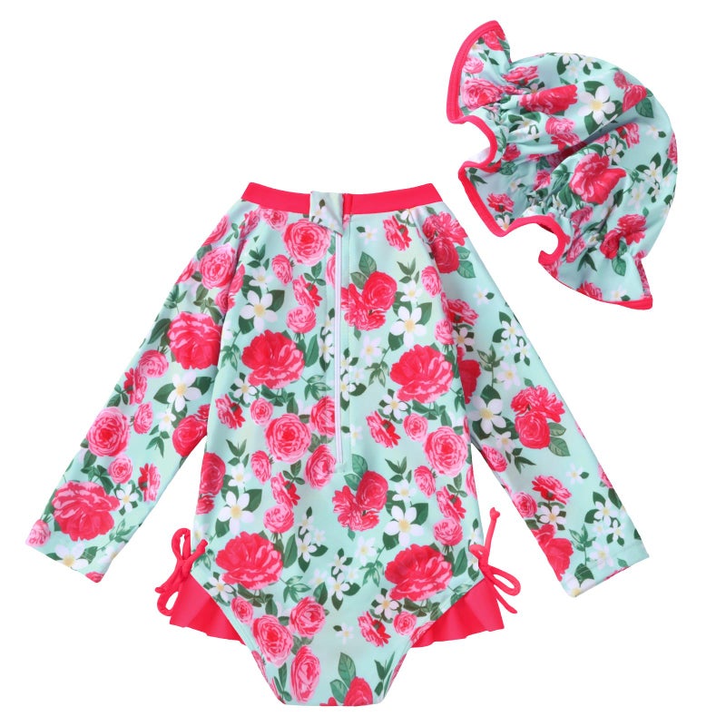 AMAWMW Infant Baby Girl Swimsuit Long Sleeve One-Piece Swimwear with Hat Rash Guard Floral Zipper Bathing Suit Beach Wear - Image 4
