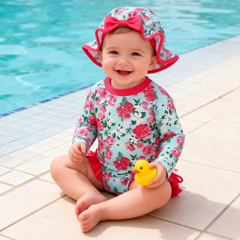 AMAWMW Infant Baby Girl Swimsuit Long Sleeve One-Piece Swimwear with Hat Rash Guard Floral Zipper Bathing Suit Beach Wear - Image 3