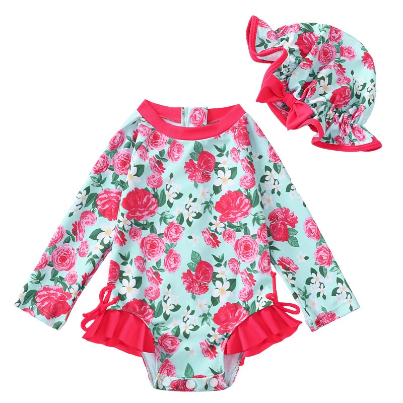 AMAWMW Infant Baby Girl Swimsuit Long Sleeve One-Piece Swimwear with Hat Rash Guard Floral Zipper Bathing Suit Beach Wear - Image 1