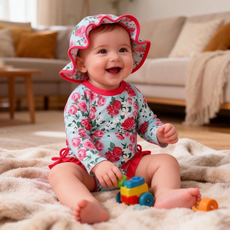 AMAWMW Infant Baby Girl Swimsuit Long Sleeve One-Piece Swimwear with Hat Rash Guard Floral Zipper Bathing Suit Beach Wear - Image 2