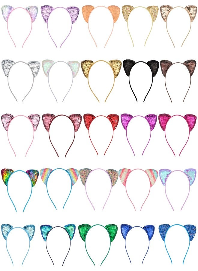 Hoemwarm 25 Pcs Cat Ears Headband Sequin Cat Ear Hairbands Bulk,Glitter Cat Ear Headband Adult Shiny Kitty Hair Hoops Cute Ear Hair Accessories for Halloween Cosplay,Birthday Decor, 25 Colors - Image 1
