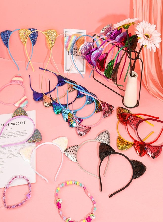 Hoemwarm 25 Pcs Cat Ears Headband Sequin Cat Ear Hairbands Bulk,Glitter Cat Ear Headband Adult Shiny Kitty Hair Hoops Cute Ear Hair Accessories for Halloween Cosplay,Birthday Decor, 25 Colors - Image 3