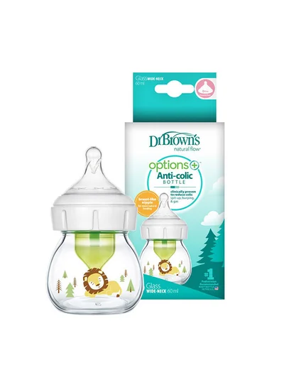 Dr. Brown’s Glass W-N Anti-Colic Options+ Bottle With Lion Deco With Preemie Nipple, 2 Oz/60 Ml, 1-Pack