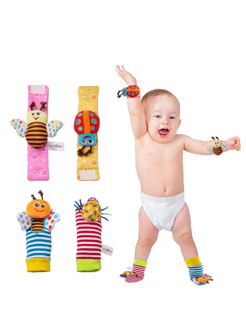 Premium Fabric 4-Piece Baby Socks & Wrist Rattle Toy Set for Kids - Soft, Safe & Developmentally Friendly Infant Essentials  - Image 2