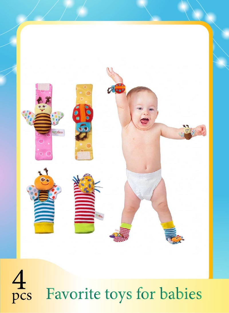 Premium Fabric 4-Piece Baby Socks & Wrist Rattle Toy Set for Kids - Soft, Safe & Developmentally Friendly Infant Essentials  - Image 1