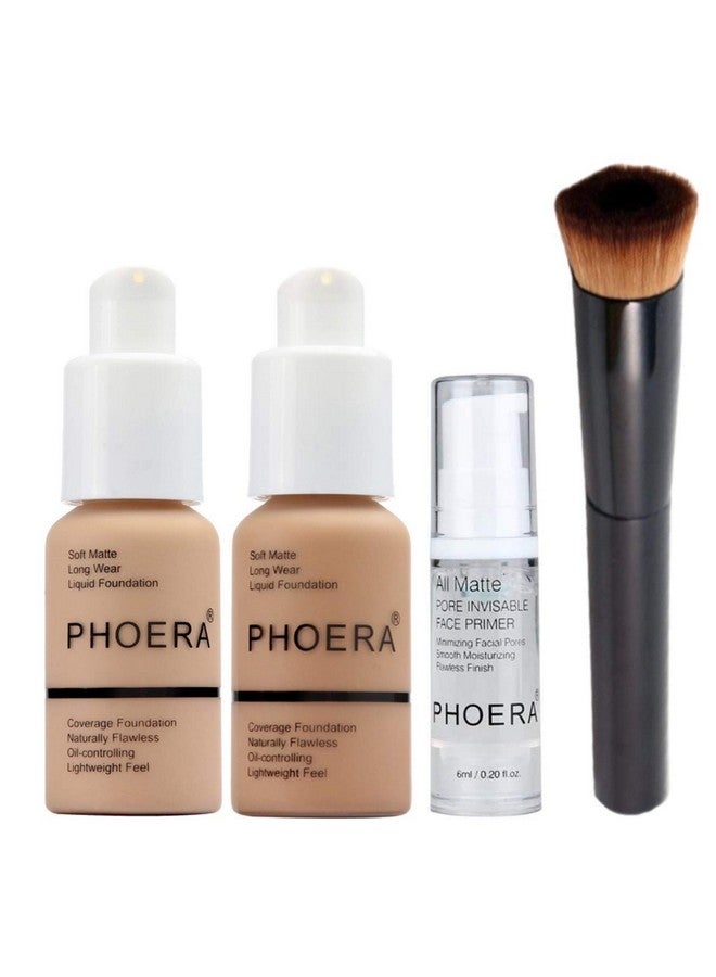 Glamza مجموعة مكياج بتغطية كاملة مع كريم أساس 2X (105 رملي و104 بيج فاتح) وجل برايمر وفرشاة تطبيق مجموعة مستحضرات تجميل كاملة للوجه للنساء - Image 1