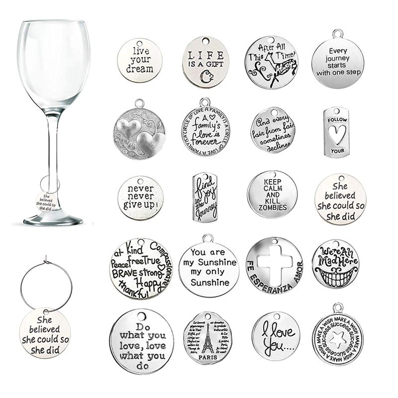 CNYMANY 20 pcs Wine Glass Charms Inspiration Text Themed Goblet Drink Markers Tags with Buckle Design for Wine Cocktail Champagne Tasting Party Favors Decoration Supplies Gifts