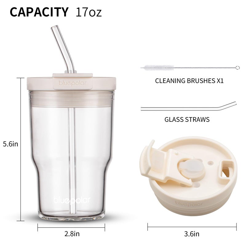 BLUEPOLAR 16oz/480ml Iced Coffee Cups With Lids And Straws,Reusable Leakproof Glass Tumbler,Water Bottles,Cold Brew,Drinking Jars For Juicing,Matcha,Tea,Smoothie For Travel,Office (Off-White) - Image 2