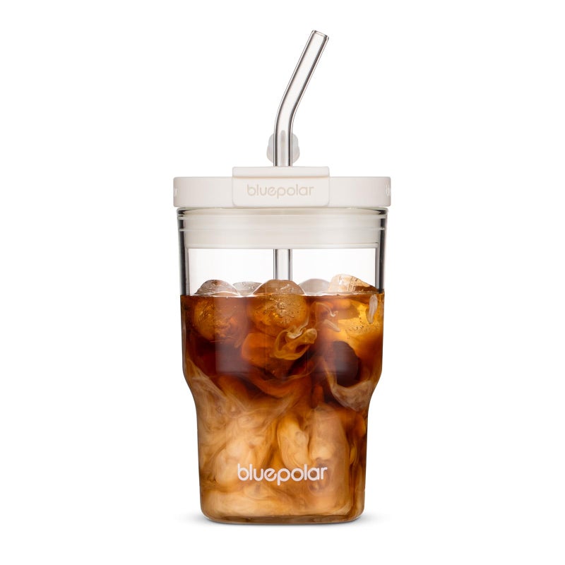 BLUEPOLAR 16oz/480ml Iced Coffee Cups With Lids And Straws,Reusable Leakproof Glass Tumbler,Water Bottles,Cold Brew,Drinking Jars For Juicing,Matcha,Tea,Smoothie For Travel,Office (Off-White) - Image 1