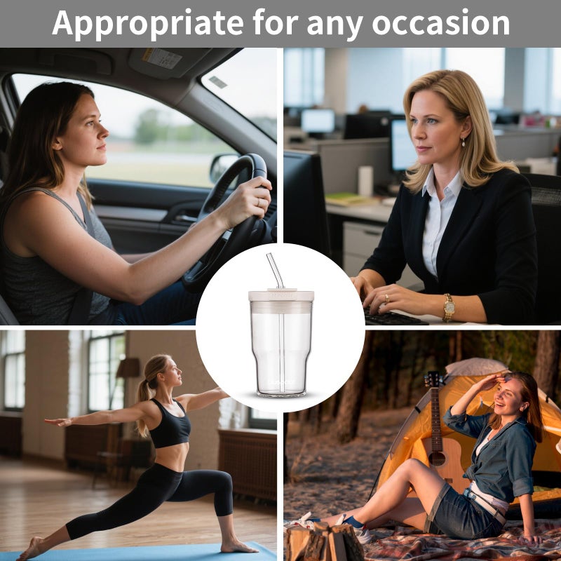 BLUEPOLAR 16oz/480ml Iced Coffee Cups With Lids And Straws,Reusable Leakproof Glass Tumbler,Water Bottles,Cold Brew,Drinking Jars For Juicing,Matcha,Tea,Smoothie For Travel,Office (Off-White) - Image 4