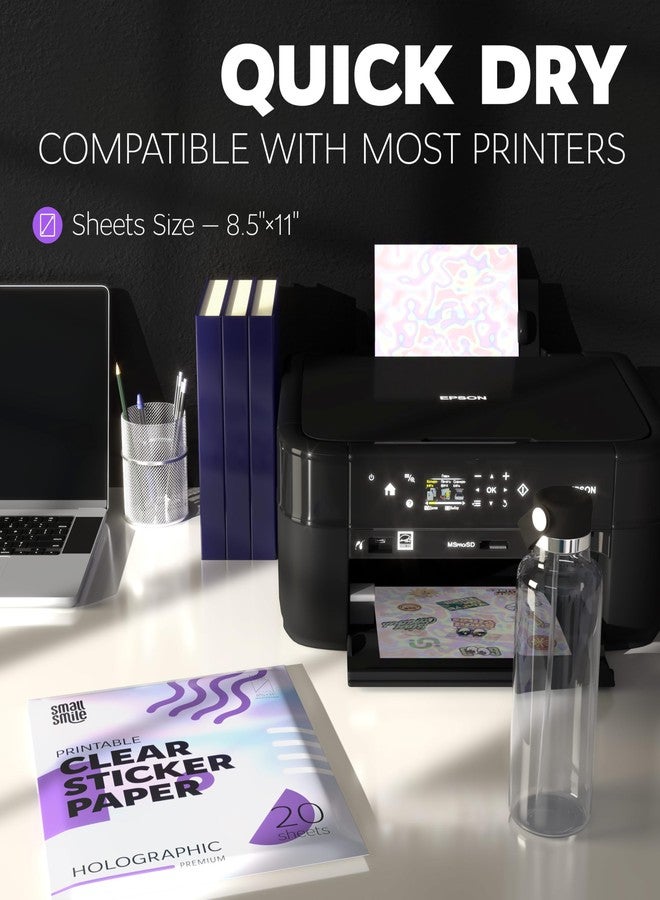SMALL SMILE Clear Holographic Sticker Paper for Inkjet Printer and Laser - 20 Sheets, 8.5x11 Printable Vinyl Clear Sticker Paper, Waterproof Transparent Labels for DIY Stickers & Decals - Image 2