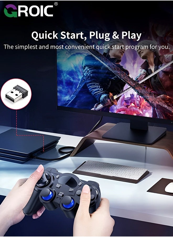GROIC - وحدة تحكم لاسلكية للكمبيوتر الشخصي، وحدة تحكم USB لاسلكية لأجهزة PS3 /Android/PC/سطح المكتب/الكمبيوتر المحمول، وحدة تحكم ألعاب الكمبيوتر للكمبيوتر الشخصي لجهاز التحكم بالبخار للكمبيوتر الشخصي، أسود - Image 1