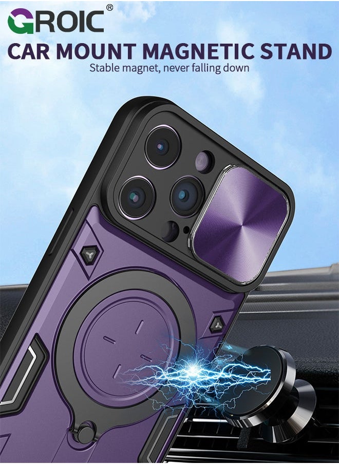 Magnetic Case for iPhone 15 Pro 6.1" with Slide Camera Cover & 360° Invisible Ring Stand, Compatible MagSafe, Full Lens Protection,Anti-Fingerprint, Shockproof Protective