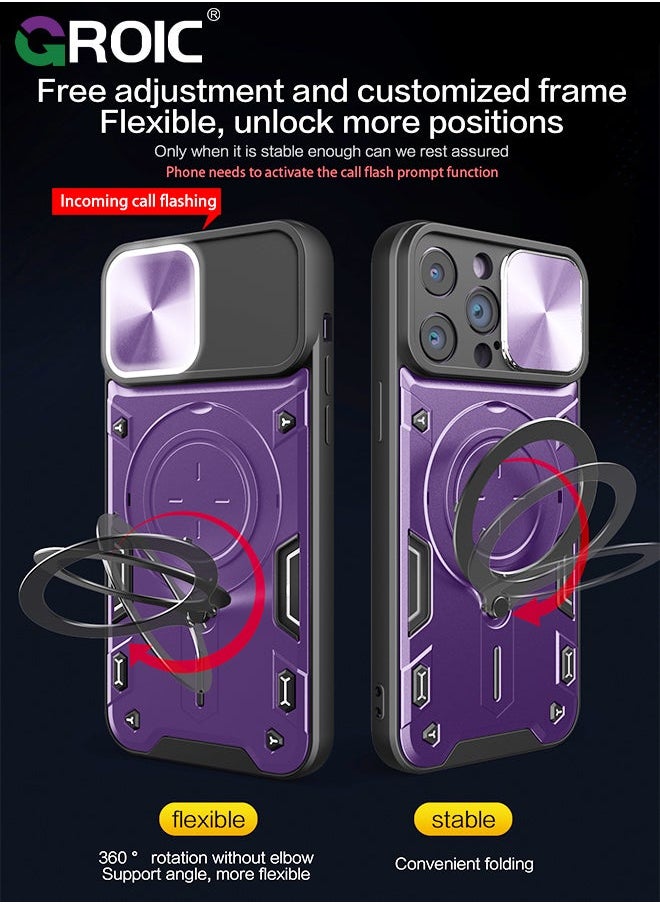 Magnetic Case for iPhone 15 Pro 6.1" with Slide Camera Cover & 360° Invisible Ring Stand, Compatible MagSafe, Full Lens Protection,Anti-Fingerprint, Shockproof Protective