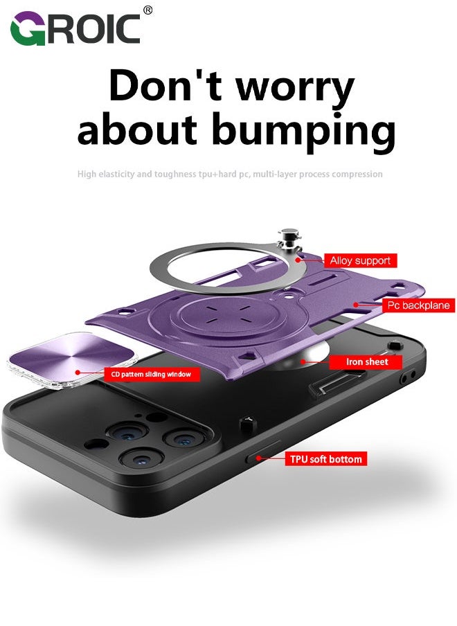 Magnetic Case for iPhone 15 Pro 6.1" with Slide Camera Cover & 360° Invisible Ring Stand, Compatible MagSafe, Full Lens Protection,Anti-Fingerprint, Shockproof Protective