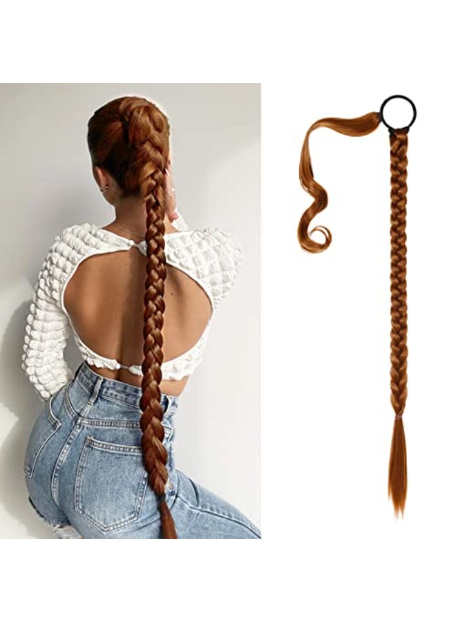 SEIKEA Upgraded Long Braid Ponytail Extension with Elastic Tie Straight Sleek Wrap Around Braid Hair Extensions Ponytail Copper Red 34 Inch After Braided 30 Inch - Image 1
