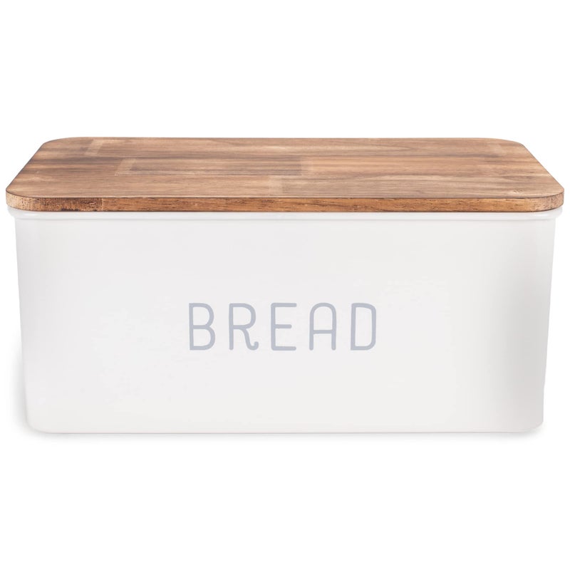 Nat Jules Matte White 12 x 7 Metal Enamel Rubber Wood Lidded Bread Box