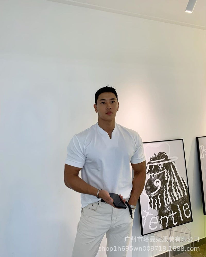 2022 foreign trade muscle fitness plus size sports T-shirt men's fashion Korean version trend loose V-neck short-sleeved summer purple XL - Image 5
