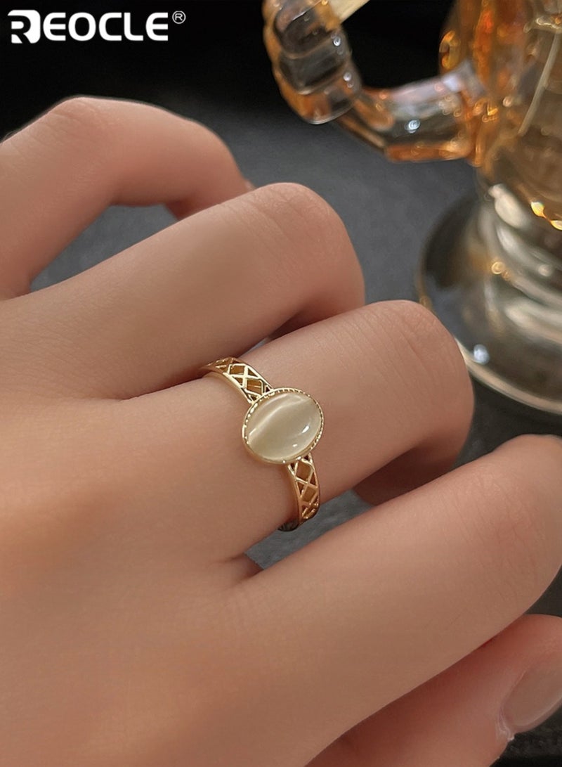 REOCLE Women's Vintage Glass Ring with Cat's Eye Stone and Adjustable Open Design Statement Finger Jewelry for Index Wear - Image 1