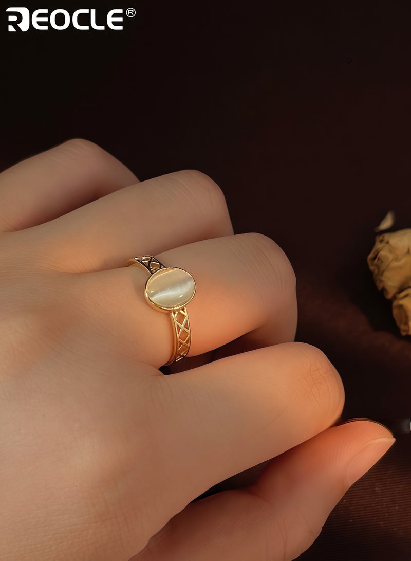 REOCLE Women's Vintage Glass Ring with Cat's Eye Stone and Adjustable Open Design Statement Finger Jewelry for Index Wear - Image 4