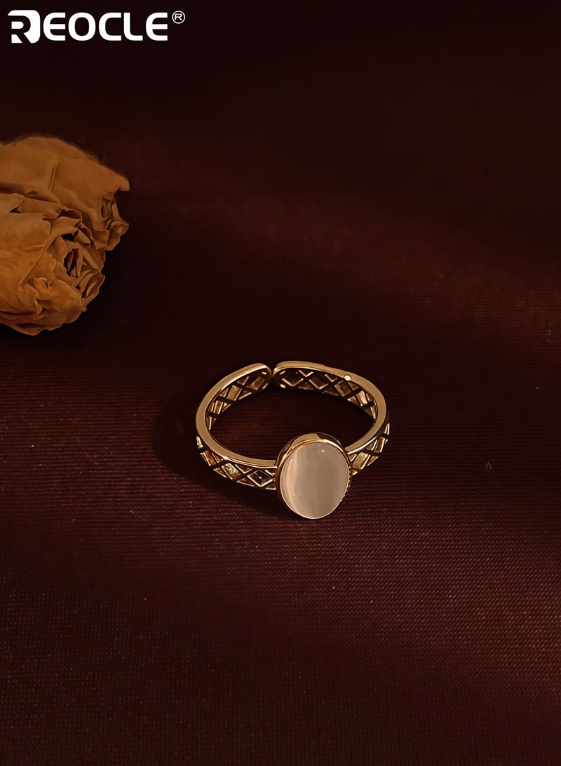 REOCLE Women's Vintage Glass Ring with Cat's Eye Stone and Adjustable Open Design Statement Finger Jewelry for Index Wear - Image 2