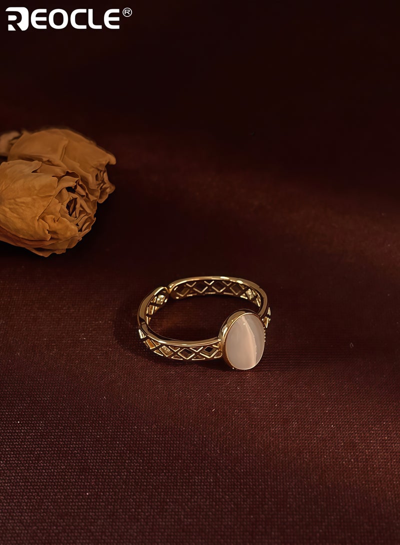 REOCLE Women's Vintage Glass Ring with Cat's Eye Stone and Adjustable Open Design Statement Finger Jewelry for Index Wear - Image 3