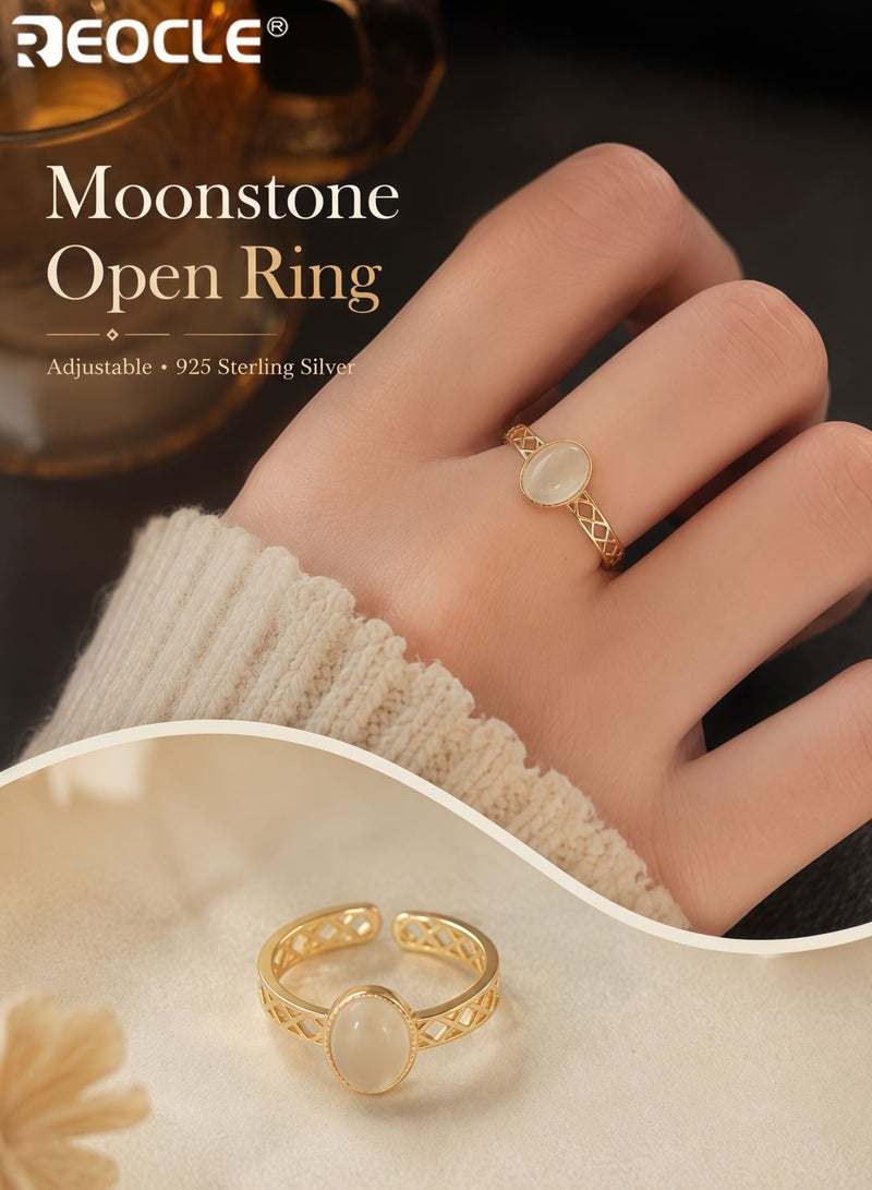 REOCLE Women's Vintage Glass Ring with Cat's Eye Stone and Adjustable Open Design Statement Finger Jewelry for Index Wear - Image 1
