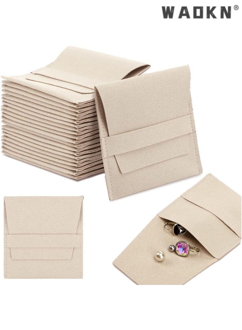 WAOKN 20PCS Microfiber Jewelry Pouch 8x8cm Jewelry Packaging Bag Luxury Small Jewelry Gift Bags Bow Tie Microfiber Bag for Bracelet Necklace Packaging Envelope Style with Strings and Divider Beige - Image 1