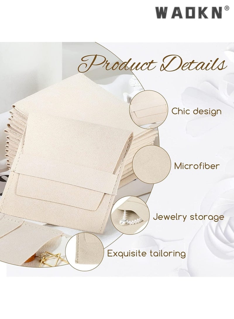 WAOKN 20PCS Microfiber Jewelry Pouch 8x8cm Jewelry Packaging Bag Luxury Small Jewelry Gift Bags Bow Tie Microfiber Bag for Bracelet Necklace Packaging Envelope Style with Strings and Divider Beige - Image 2